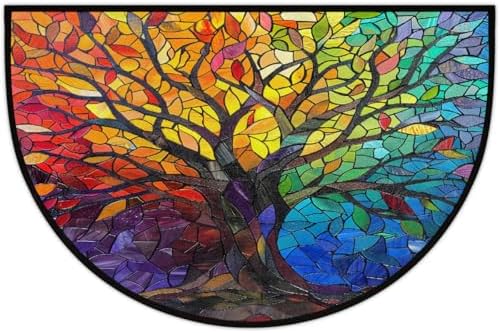 Stained Glass Tree Summer Half Round Door Mat Non Slip Washable Semi Circle Area Rug Absorbent Soft Half Moon Rug Floor Mat for Indoor Outdoor Kitchen Bathroom Patio Front Door Mat Decor