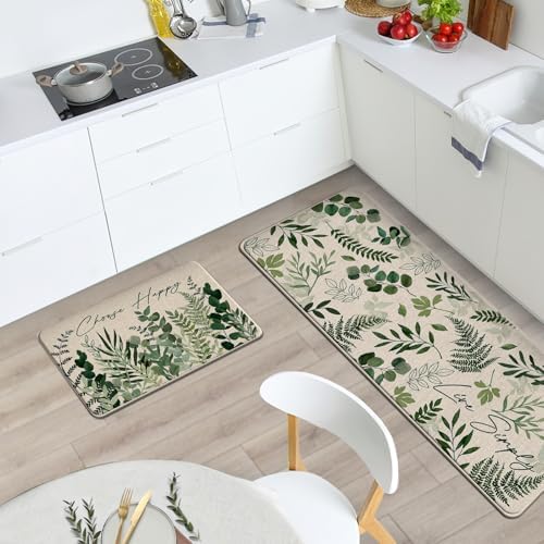 Green Eucalyptus Leaves Botanical Kitchen Rugs Set of 2