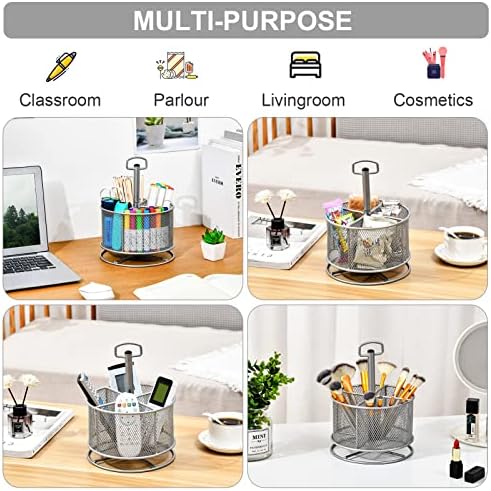 Marbrasse Mesh Desk Organizer, 360-Degree Rotating Multi-Functional Pen Holder, 4 Compartments Desktop Stationary Organizer, Home Office Art Supply Storage Box Caddy (silver)
