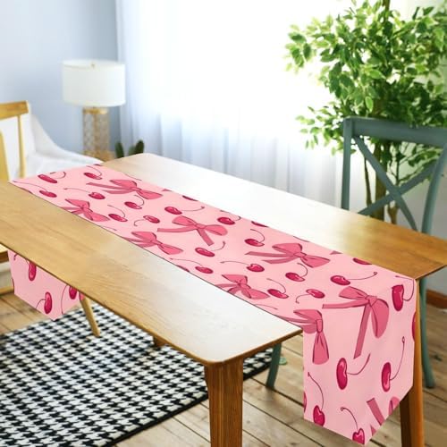 ALAZA Double-Sided Pink Bow Cherry Table Runner 14x108 Inches Long,Table Cloth Runner for Wedding Birthday Party Kitchen Dining Home Everyday Decor