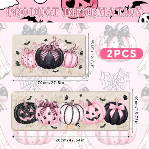 Halloween Kitchen Mats Set of 2, Pink Pumpkin Ghost Kitchen Rugs