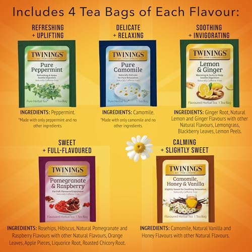 Twinings Herbal Tea Variety Pack, 20 Count (Pack of 2), Formerly Assorted Herbal, Includes 5 Flavours, Naturally Caffeine-Free, Enjoy Hot or Iced, 20 Teabags
