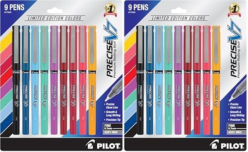 PILOT Precise V7 Capped Liquid Ink Rollerball Pens,Fine Point Ink Pens 0.7 mm,Colored-Pens,Limited Edition Assorted Colors,- Ideal for School,Journaling,& Office Writing,9 Count (Pack of 2)