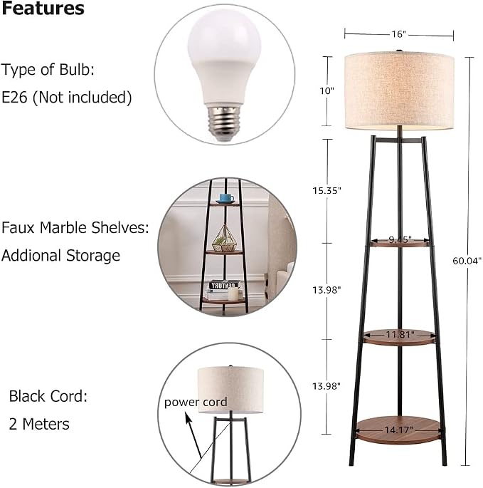 ROSEN GARDEN Floor Lamp, Standing Reading Light with Shelves and Fabric Shade, Modern Tall Pole Lamp, Accent Furniture Décor Lighting for Living Room, Bedrooms Black