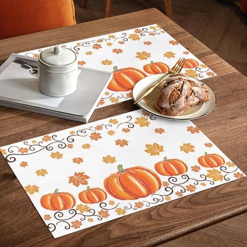 Fall Maple Leaves Placemat, Thanksgiving Watercolor Pumpkins Heat Resistant Washable Table Place Mats Orange Cotton Table Linens Party Holiday Decor for Home Kitchen Dining Outdoor Indoor,