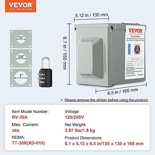 VEVOR 30 Amp RV Power Outlet Box, 125/250 Volt, Enclosed Lockable Outdoor RV Receptacle Box, NEMA TT-30R Weatherproof Electrical Panel, for RV Camper Trailer Motorhome Electric Car