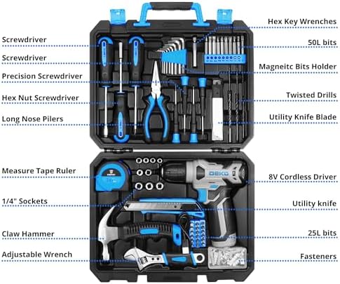DEKOPRO Drill Set: Tool Set with 8V Blue Cordless Drill, Home Tool Kit with Drill, Hand Tool Kits for Women 126 Piece