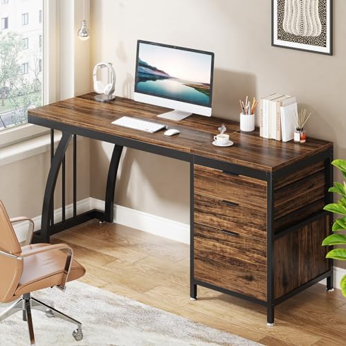 Tribesigns Computer Desk with 3 Drawers, 59-Inch PC Desk with Reversible Drawers, Industrial Study Writing Table Workstation with File Storage for Home Office, Rustic Brown