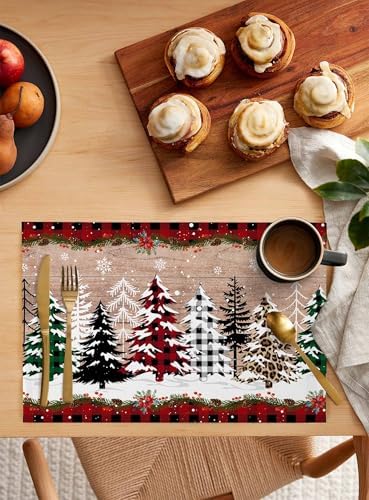 Christmas Tree Placemats Set of 4, Cotton Linen Vintage Wood Grain Table Mats Non-Slip Washable Different Xmas Trees Red Black Buffalo Plaid Placemat for Xmas Dining Kitchen Table Decor