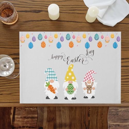 Vandarllin Happy Easter Gnomes Placemats Set of 4,Heat Resistant Cotton Linen,Carrrot Rabbit Bunny Colorful Eggs Table Mats Washable Spring Holidays Placemat Decoration for Home Kitchen Dining Party