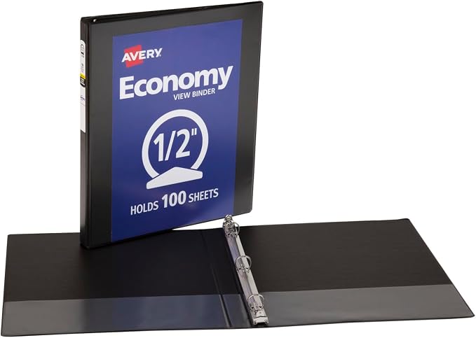 Avery Standard View 3 Ring Binders, 0.5" Round Rings, 100-Sheet Capacity, 0.7 Inch Wide Spine, Black Binders, Ideal for Lightweight Organization and Occasional Referencing (12-Pack of 05705)