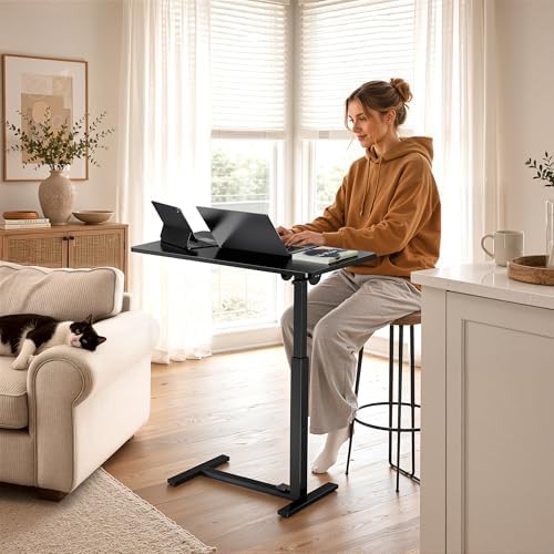 Mobile Standing Desk Adjustable Overbed Table, Pneumatic Height Adjustable Rolling Laptop Desk with Hidden Wheels, 0-180°Tilt Top Rolling Computer Cart Foldable for Home Office, Craft & Study, Black