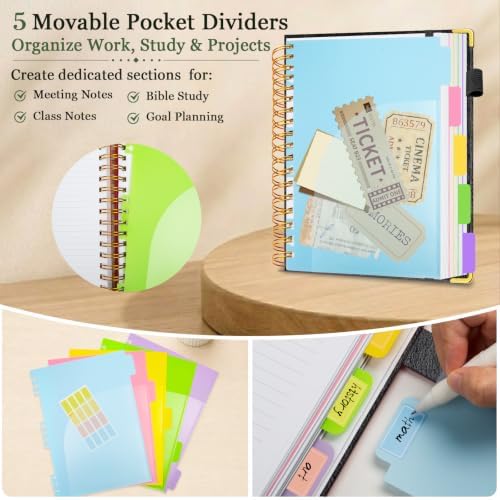 5 Subject Spiral Notebook with Pocket Dividers, 8''x10'' 300 Pages Notebook
