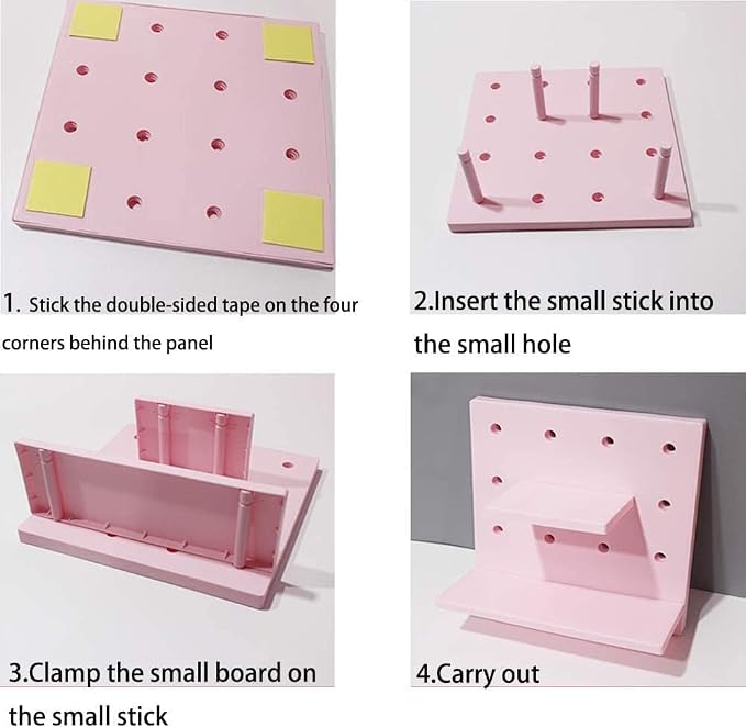Kawaii Peg Board with Hook, Trinket Shelf for Bedroom, Cute Display Decor | 4 Pack Pegboard Ledges Organizer for Hanging Keychains, Decorative Wall Panel Kits for Blindboxes Lightweight Dolls, Pink