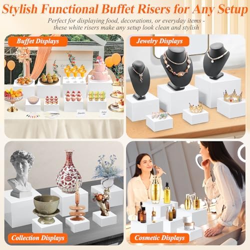 8 Pcs White Buffet Risers with Mini Table Sign, Serving Tongs, Acrylic Food Risers for Buffet Table Display Stand Shelf for Party Catering Dessert Jewelry Collectibles (Size 9" 8" 7" 6" 5" 5" 4" 4")