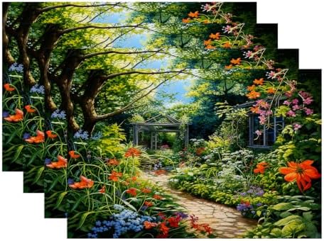 Batmerry Beautiful Garden Lush Plants Linen Placemats Set of 4, Serene Garden Scene Washable Table Mats for Kitchen Table Thickened Heat Insulation Dining Set Indoor Outdoor 12X18 in