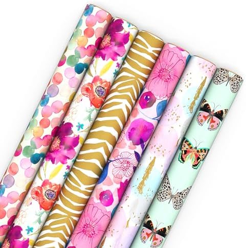 Hallmark Wrapping Paper Rolls for Birthday, Bridal Shower, Baby Shower, Gift Wrap Paper (Set of 6 Rolls: 180 sq. ft. ttl.) Butterflies, Gold Animal Print, Pink Flowers for All Occasions