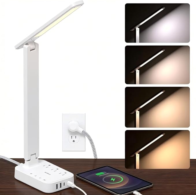Addtam LED Desk Lamp, Power Strip with 3 Outlets 4 USB Charging Ports(2 USBC), 4 Modes 5 Level Brightness Touch Lamp, Small Desk Lamp for Home Office College Dorm Room Essentials, White