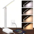Addtam LED Desk Lamp, Power Strip with 3 Outlets 4 USB Charging Ports(2 USBC), 4 Modes 5 Level Brightness Touch Lamp, Small Desk Lamp for Home Office College Dorm Room Essentials, White