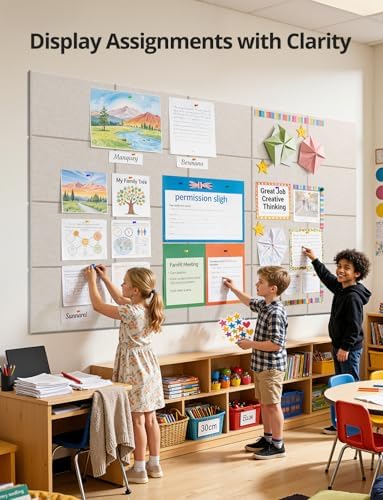 Kuchoow Large Felt Bulletin Cork Board Self-Adhesive Beige Pin Wall Tiles, 48'' x 36'' Rectangular Vision Tack Panels for Classroom Office Display 12 Pack Corkboard for Kitchen Bedroom Home Decor