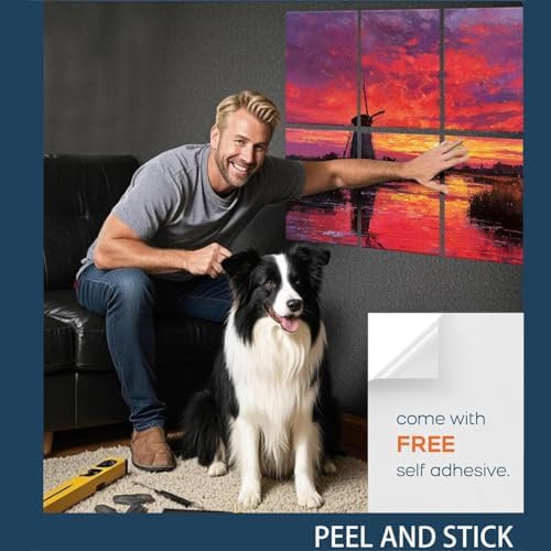 8 Pack Sunset Red Windmill Countryside Landscape Art Acoustic Panels Sound Absorbing Decorative Soundproof Wall Panels Self Adhesive for Recording Studios Office 48"x32"