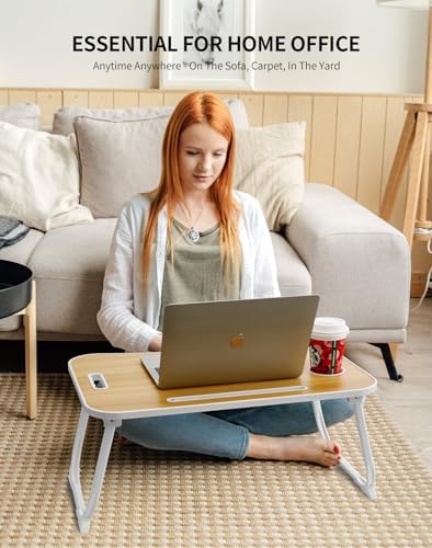 ZEAPTAC Laptop Bed Desk, Foldable Lap Desk, Portable Lap Table, Laptop Stand with Cup Holder, Tablet Slot & Lifting Handle for Work, Write, Draw & Eat on Bed, Sofa or Couch - Wood