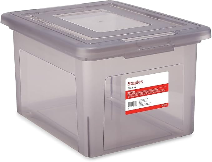STAPLES Hanging File Folder Box, Storage Bin Organizer, Snap Lid, Letter & Legal Size Documents, Frost Gray | Frost gray bin keeps letter and legal size documents organized and accessible.