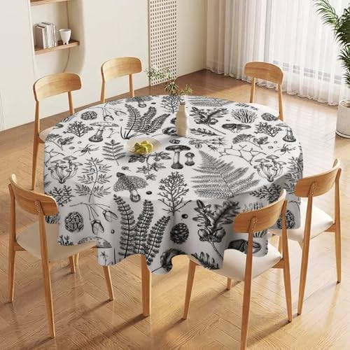 Vintage Mushroom Tablecloth, Black White Nature Forest Fern Leaves Autumn Plants Botanical Print Table Cover for Home Dining Decor Kitchen Party Outdoor, 60x60in