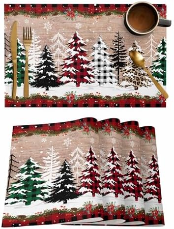 Christmas Tree Placemats Set of 6, Cotton Linen Vintage Wood Grain Table Mats Non-Slip Washable Different Xmas Trees Red Black Buffalo Plaid Placemat for Xmas Dining Kitchen Table Decor