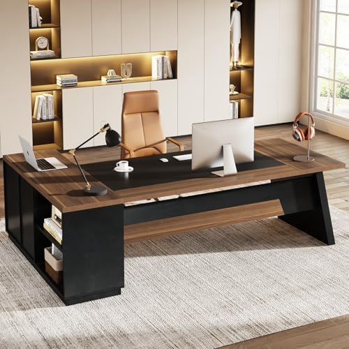 Tribesigns 78" L-Shaped Executive Desk, Large Office Desk with Drawers and File Cabinet, Modern Business Furniture for Home Office (Light Walnut + Black)