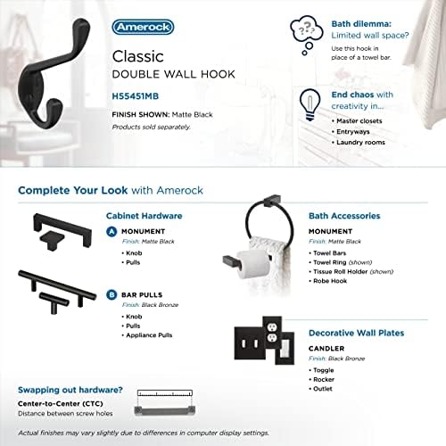 Amerock Noble Double Prong Matte Black Wall-Mounted Hook