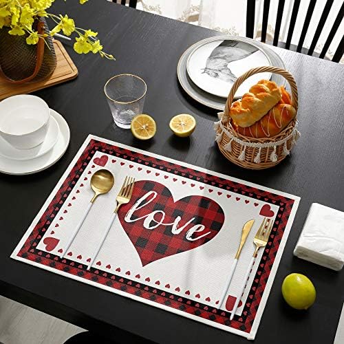 Valentines Day Placemats Set of 4, Red and Black Buffalo Check Plaid Love Cotton Line Fabric Heat Resistant Table Mats Non-Slip Washable Mats Decoration for Home Kitchen Dining Wedding Holiday Party
