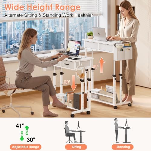 Standing Desk with Wheels, Adjustable Height Rolling Desk with 2 Drawers