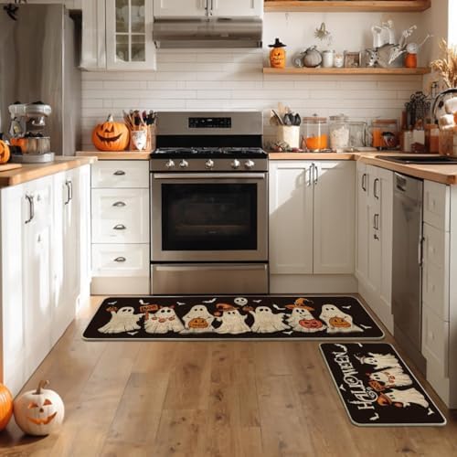 Artoid Mode Ghost Bat Black Halloween Kitchen Mats Set of 2-17x29+17x59