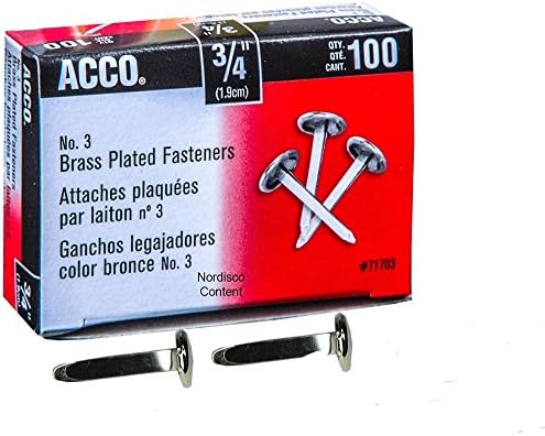 ACCO Brass Paper Fasteners, 3/4", Plated, 1 Box, 100 Fasteners/Box (71703)