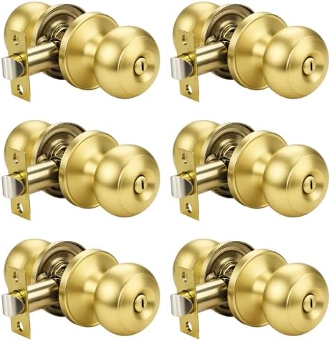 KNOBWELL 6 Pack Privacy Door Knob for Bathroom or Bedroom Door Knobs, Round Interior Door Knobs, Gold Indoor Door Knob, Keyless Door Knob with Lock, Door Handle Lock, Gold