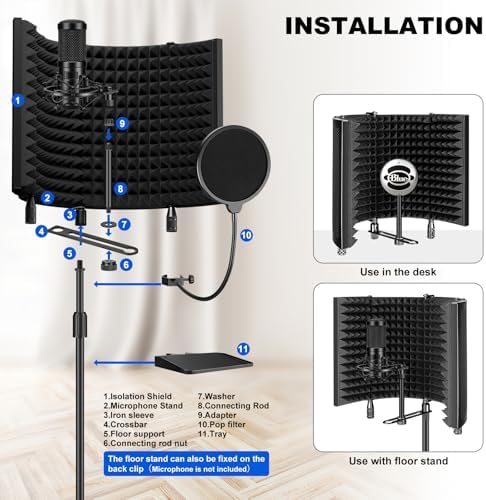 Professional Studio Recording Microphone Isolation Shield, Pop Filter,High density absorbent foam is used to filter vocal. Suitable for Blue Yeti and other condenser microphones (AO-504 With Stand)