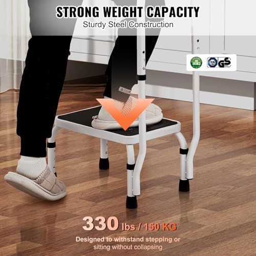 VEVOR Step Stool 1-Step 330lbs Capacity, 3 Adjustable Height with Handle Steel Step Ladder, Portable Toddler Step Stools for Adults, Non-Slip Sturdy Step Ladders for Office, RVs, Pets