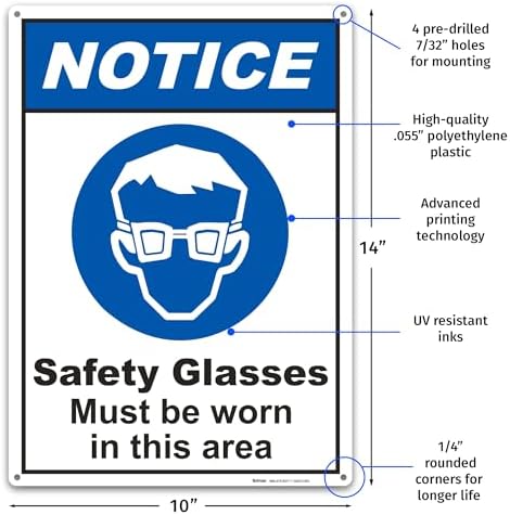 BRIMAR 10x14" Safety Glasses Must Be Worn Sign, .055" Polyethylene Plastic