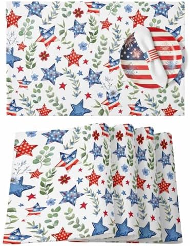 4th of July Placemats Set of 4, Patriotic Star Floral Place Mats Independence Day Dining Table Mats Holiday Party Memorial Day Decor for Kitchen&Linens Outdoor Indoor, Green Eucalyptus Leaves