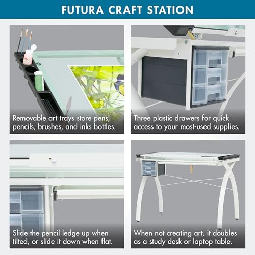 SD Studio Designs Futura Craft & Drawing Table with Adjustable Tempered Safety Glass Top – Modern Art Desk with Storage Drawers, Pencil Ledge, Matte Ivory/Sea Green Glass