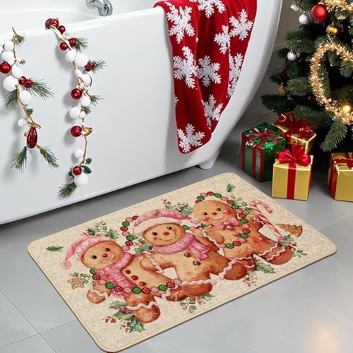 Baccessor Christmas Gingerbread Kitchen Rugs Set of 2, Pink Merry Christmas Xmas Winter Kitchen Mats Washable Non Slip for Floor Hallway Laundry Sink Holiday Home Decor 17x29 and 17x47 Inch