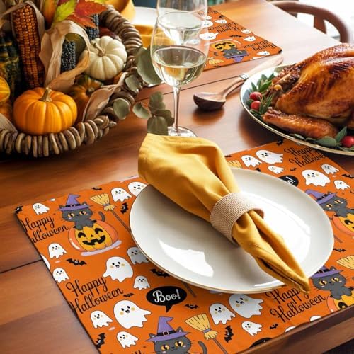 Vandarllin Happy Halloween Boo Placemats Set of 6, Cartoon Pumpkin Spooky Black Cats Ghosts Cotton Linen Stain Resistant Table Mats Washable Placemat Decoration for Kitchen Dining Table,Orange