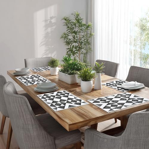 Batmerry Houndstooth Black White Linen Placemats Set of 6, Plaid Abstract Fashion Geometric Washable Table Mats for Kitchen Table Thickened Heat Insulation Dining Set Indoor Outdoor 12X18 in