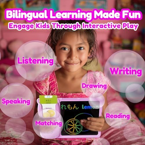 Writing Tablet with Bilingual Flash Cards for Kid, Japanese Pink