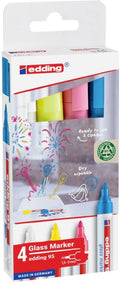 edding Multicolored & White 95 Glass Marker, 4pcs- Dry Erase Markers for Various Uses and Glass Surfaces Like Windshields, Windows, Glassboards, Mirrors, Menu Board and White Board - Made in Germany