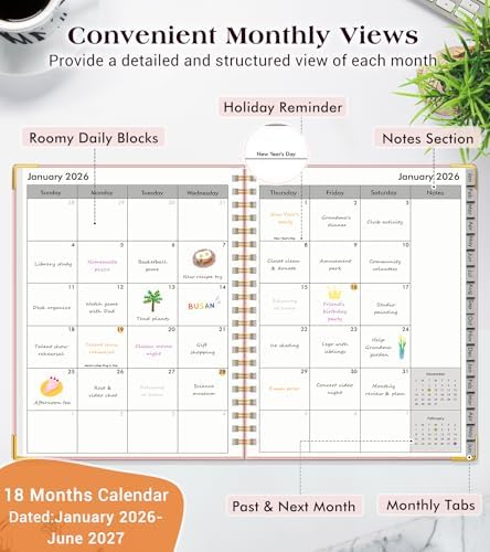 Academic Planner 2026-2027, Weekly and Monthly Hardcover Planner, July 2026 - June 2027, 5.75" x 8.38" A5 Large Daily Calendar Planner Book with Tabs, Spiral Yearly Agenda Organizer Notebook for School Work Home, Pink