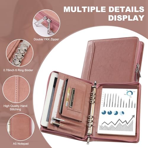 KISSKI A5 Planner Binder Padfolio for Women, Small 6 Ring Resume Folders for Interview, Vegan Leather Portfolio Organizer Folio with Zipper and 1pc A5 Notepad, Business Card/Pen Holder, Gifts, Pink
