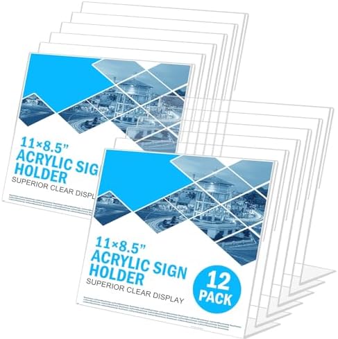 12 Pack Acrylic Sign Holder 8.5 x 11 Horizontal Slant Back Acrylic Stands for Display Plexiglass Clear Acrylic Display Stands for Ad Frame, Picture Photo Frames, Promotions, Restaurants, Office