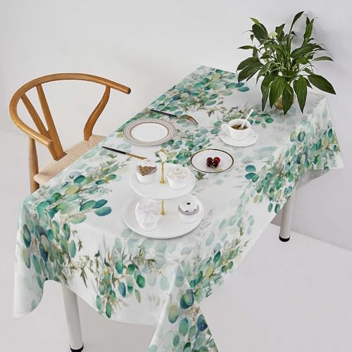 Spring Botanical Tablecloth, Watercolor Sage Green Eucalyptus Leaves Print Table Cloth Cover for Kitchen Dining Indoor Outdoor Decor 60x120in